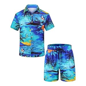 HASMES Boys Hawaiian Outfits Tropical Print Button Down Shirts and Short Sets for 5-12Y Kids