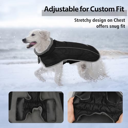 Image of Fragralley Dog Coat Large, Waterproof Dog Jacket with Warm Fleece Lining, Adjustable Reflective Dogs Winter Coat, Turtleneck Pet Coats for Cold Weather (Black XL)