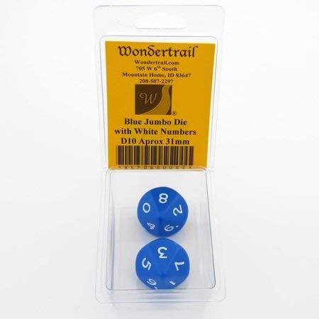 Blue Jumbo Dice with White Numbers D10 25mm Pack of 2 Wondertrail