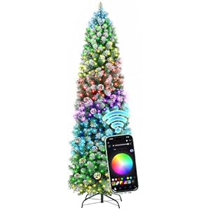 HOLLO STAR 6 ft Prelit Christmas Tree with 233 LED Lights, App Control, Slim Pencil Christmas Tree, Multi-Color RGBW Lights, 588 Flocked Frosted Tips, Xmas Tree, 51 Pine Cones, for Home, Party