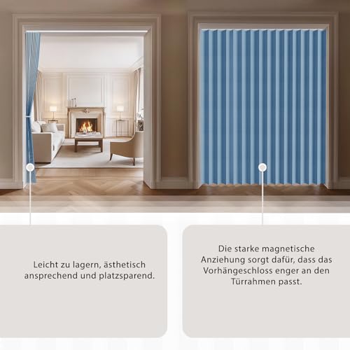 Jilron 100% Blickdichter Türvorhang – Faltbares Akordion-Design mit Magnetverschluss & Klebemontage ohne Bohren, inkl. Schiene – Für Terrassentüren oder Glastüren, Blau, 201x180 cm