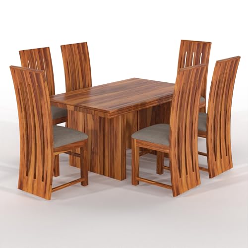 Image of Solid Sheesham Wood 6 Seater Dining Table Set with Cushioned Chairs for Dining Room | Living Room | Home & Office | Hotels Restaurant & Cafe (6 Seater, Honey H)