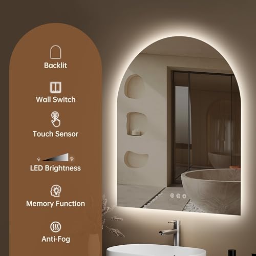 OUMUSU Arched Backlit Mirror Bathroom 30"x36"- Frameless LED Bathroom Mirror with Lights, Fogless, Dimmable, 3 Color Changing, Shatterproof, Touch Sensor by OUMUSU - Image 9