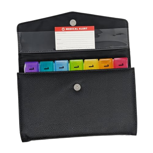Image of 5 Times a Day Weekly Pill Box with Medication Wallet, Easy Secure Magnetic Closure, 5X Pillbox with Medication Schedule and Medical Alert Card (5 Time-a-Day Wallet)