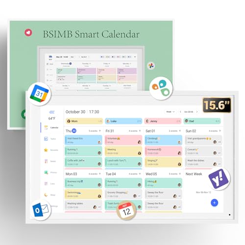 BSIMB 15.6 Inch Digital Calendar - Chore Chart, Meal Planner, Rewards System, Photo Display, Smart Electronic Calendar Touchscreen Interactive for Family Schedules, Seamless Scheduling White