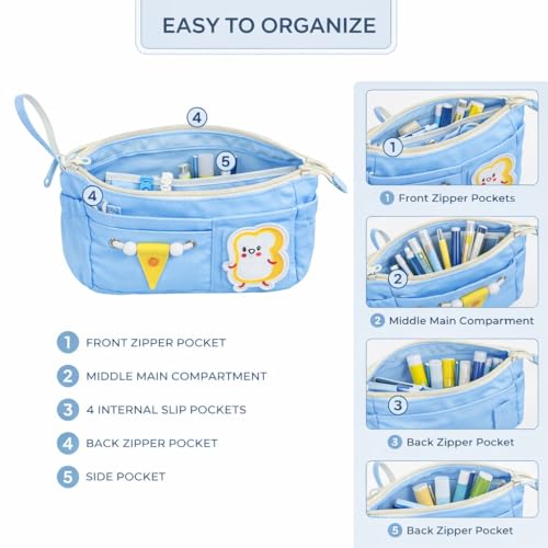 Image of Canvas School Bag Pencil Case, 3 Layer 6 Compartment Large Capacity, Aesthetic Pencil Pouch for Stationary, Cute Stationery for Kids, Pencil Case for Girls & Boys (Sky Blue)