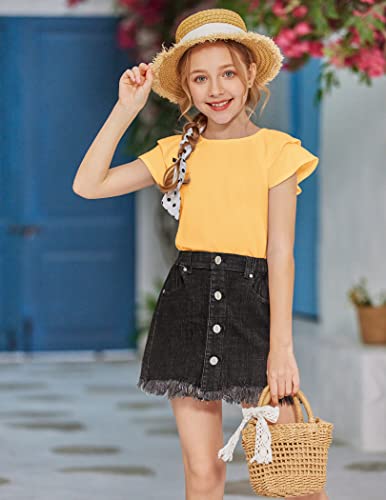 Image of Girls T Shirts Ruffle Short Sleeve Round Neck Loose Blouse Summer Solid Color Casual Girl Tee Tops for 3-12 Years