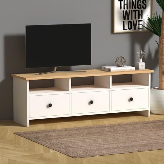 Generico Mobile TV per TV fino a 45 pollici, per Soggiorno e Camera da Letto, 120 x 30 x 42 cm, in legno - Bianco e Rovere