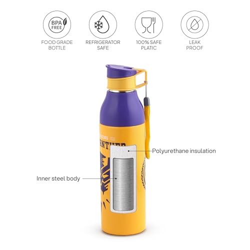 Image of CELLO Puro Steel-X Legend 900 Insulated Water Bottle 900 ml Yellow | 3D Touch & Feel Super Heroes Design, Lightweight Leakproof Easy Sip Flip Cap Insulated Water Bottle For School Kids Office & Travel