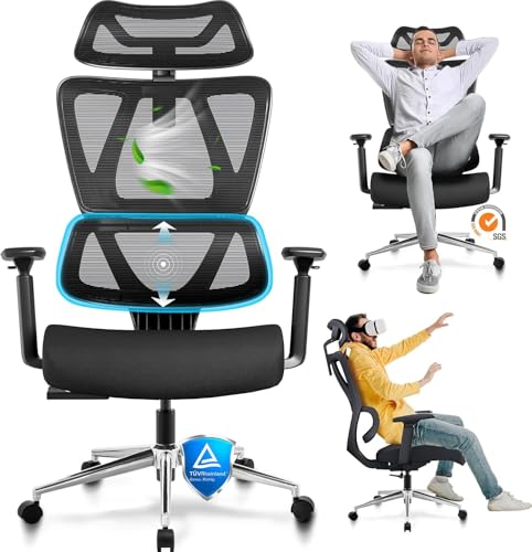 MELOKEA Bürostuhl Ergonomisch, Schreibtischstuhl mit Dynamischer Lordosenstütze, Elastisches Federkernpolste, Extra Breite Kopfstütze, Große Menschen, EN 1335 Stuhl, Bürosessel 150KG, ReliefBack