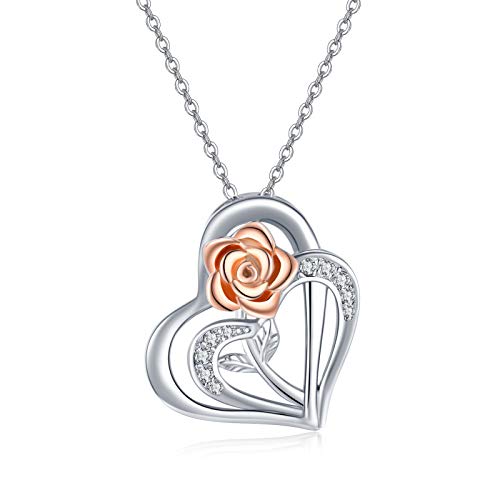 Collier rose en argent 925 avec pendentif cœur pour femme et fille