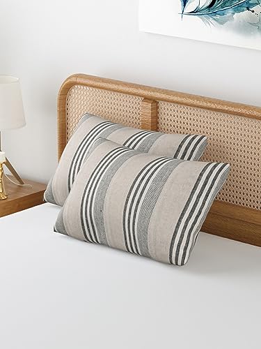 Image of 180 TC Pillow Cover Set of 2 | Pillow Cover Cotton 100% | Pillow Cover Set of 2 King Size | Wrinkle Free & Fade Resistance | Striped Pattern | Standard Size | All Season Use (Grey)