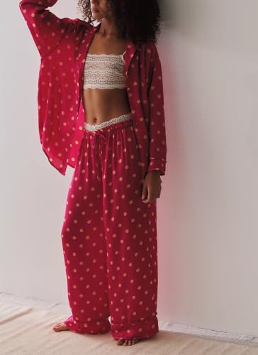 Image of Women Satin Pajama Sets Floral Silk Pajamas Pj Set | 2 Piece Lounge Sets, Button Down Long Sleeve Shirts and Wide Leg Pants Pjs Set, Christmas Holiday Valentine's Day Sleepwear