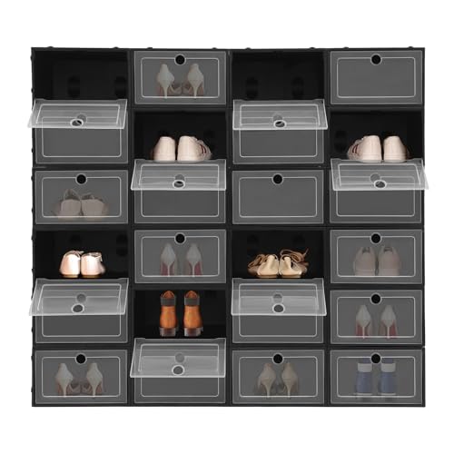 Juego de 24 cajas para zapatos, apilables, transparentes, cajas de plástico con tapa, caja de zapatos para zapatillas de deporte, tacones altos, zapatos de lona, botas, 33 x 23 x 14 cm (negro)