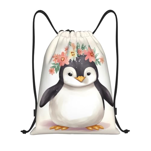 Penguin Wearing Flowers Drawstring Backpack for Men Gym Bag String Bag Waterproof Drawstring Bag for Women Swim Bag Small