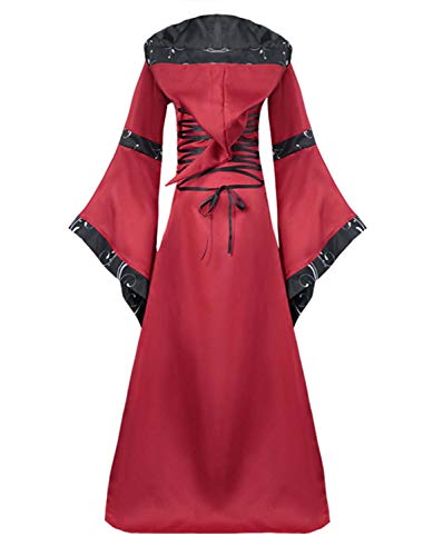 Bitseacoco Womens Victorian Renaissance Gown Dresses, Vintage Adult Medieval Hooded Lace Up Witch Dress Halloween Costumes (Red, Xxl) #TOP1