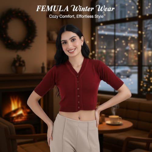 Image of Women Winter Wear V-Neck Half Sleeves Regular Fit Woollen Blouse
