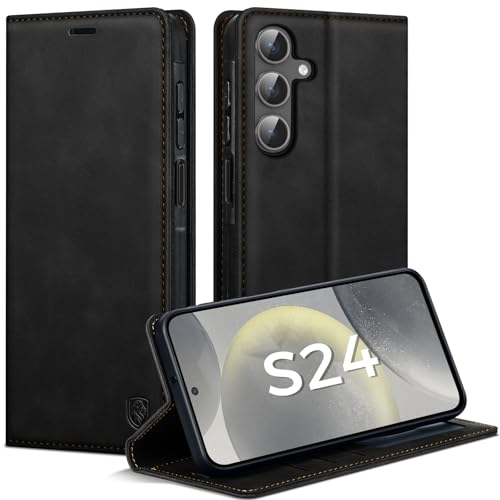 AIMOYU Handyhülle für Samsung Galaxy S24 Hülle Premium Lederhülle Flip Case für Samsung S24 Hülle Magnet Tascher Kartenfach Standfunktion Schutzhülle für Galaxy S24 Klapphülle Schwarz