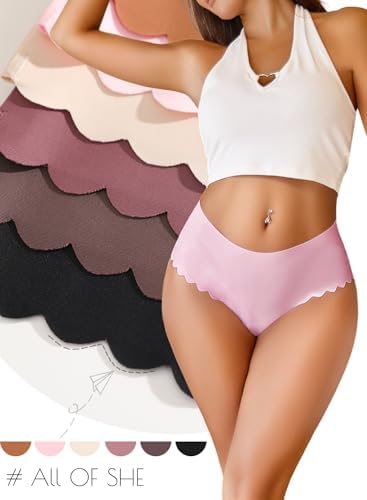 Image of ALL OF SHE Thongs for Womens High Waisted Seamless Underwear for Women 6 Pack Wave Edge No Show Sexy Panties