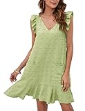 Women's Swiss Dot Short Dress with Pocket Boho Sleeveless V Neck Mini Summer Beach Dresses Lime Green