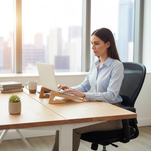 Image of Foldable, Adjustable, Wooden, Laptop Stand Ergonomic, Portable Tabletop Laptop /Desktop Riser Stand that Works with MacBooks, HP, Dell, Lenovo, and All Other notebooks Natural