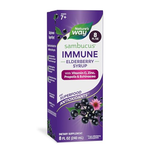 Natures Way Sambucus Immune Elderberry Syrup with Vitamin C Zinc Echinacea & Propolis Concentrated Black Elderberry Extract Immune Support with Superfood Antioxidants(1)* Berry Flavored 8 Fl Oz