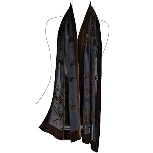 Silk Base Burn-out Velvet Shawl,73" Lx21 W,Ancient Art,Olive/Black4