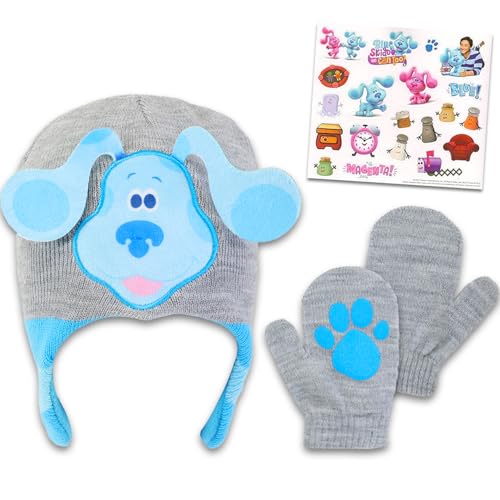 Image of Blues Clues Hat and Gloves Set for Toddlers - Dress Up Bundle With Knit Beanie, Mittens, and Stickers | Winter Clothes, Accessories