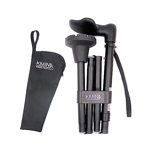 KMINA - Ergonomic Walking Stick for Old People (Left Hand), Foldable, Adjustable Height, Palm Grip (Made in Europe)