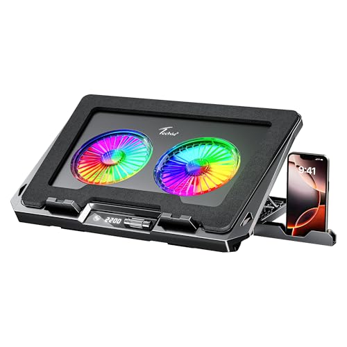 Image of Techie AeroTwin Pro Laptop Cooling Pad with Dual 110 mm High Airflow Turbo Fans | Touch LCD RGB Control with 10 Lighting Modes | Adjustable Laptop Stand with Phone Holder for Laptop and Tablet