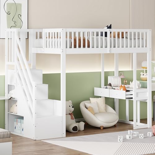 Merax Lit Mezzanine 90 x 200 cm avec Bureau, Multifonctionnel Lit Mezzanine 1 Place avec...