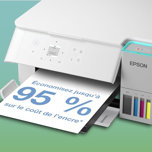 Solution d’Impression A4 Blanche EcoTank ET-2956 équipée d’Une Connexion Wi-FI et de réservoirs d’Encre AirPrint avec numérisation, Copie et Impression Recto Verso et Jusqu’à 3 Ans d’Encre Inclus