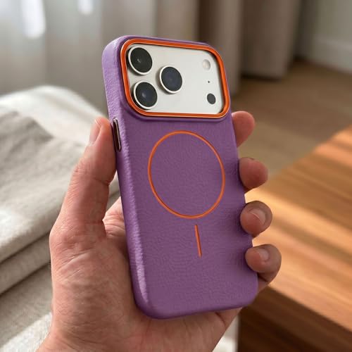 Image of amazon basics Luxury MagSafe Compatible Leather Texture Back Cover for iPhone 17 Pro Max | Raised Camera Protection | Slim Fit Shockproof Case with Metallic Accents (Purple)
