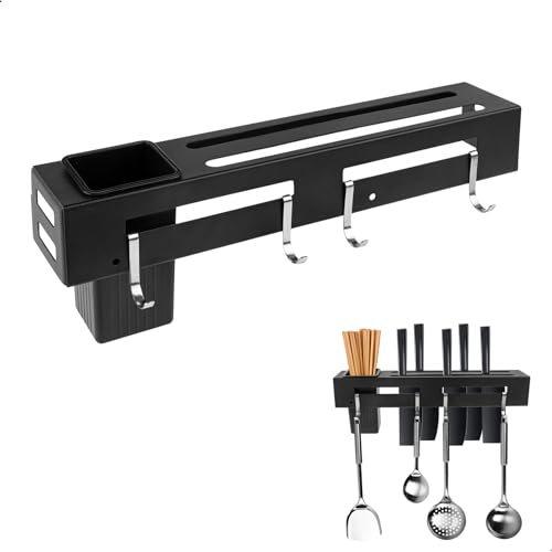 Porta Cuchillos Cocina, Soporte Cuchillos Cocina Cuchillero para Cocina Organizador Mural Multifuncional, para Cuchillos Cubiertos con 4 Ganchos para Cocina Comedor, 30cm Negro