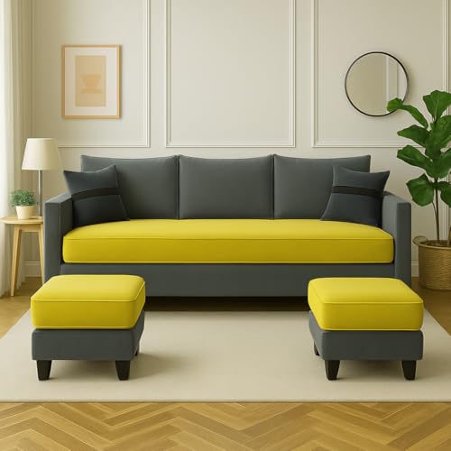 Image of FURNY Oreoy 5 Seater L Shape Sofa Set with 2 Movable Ottoman | Flexible Left or Right Layout | Plush Velvet Fabric (Yellow-Dark Grey) | Perfect for Living Room, Guest Room & Office