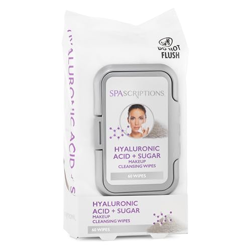 SpaScriptions Hyaluronic Acid Cleansing Facial Wipes - Hydrating Makeup Remover Wipes with Sugar for Smooth, Soft & Refershed Skin, Daily Use Face Wipes For All Skin Types, 1-Pack (60 ct)