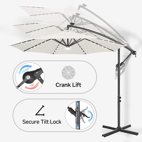 Image of Solar Offset Patio Umbrella - 10 FT Solar Cantilever Umbrella Outdoor with 40 LED Lights and Cross Base, UV Protection for Garden, Deck, Backyard, Pool, Porch, Ivory