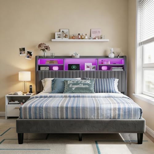 King Size Bed Frame, Velvet Bed Frame with Charging Station and LED Lights, Vertical Channel Tufted Headboard with Storage Shelves, Wooden Slats, Noise Free, Grey - Image 6