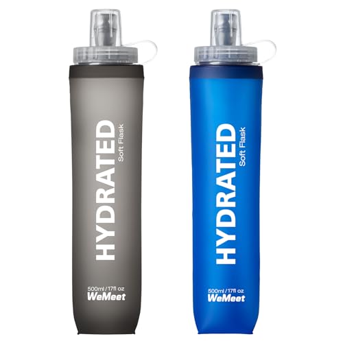 WEMEET Botella Plegable 500ml, TPU Soft Flask con Escala de Volumen, Botella Deportiva sin BPA, para Senderismo, Footing, Camping, MontañIsmo (Azul y Gris, Pack de 2)