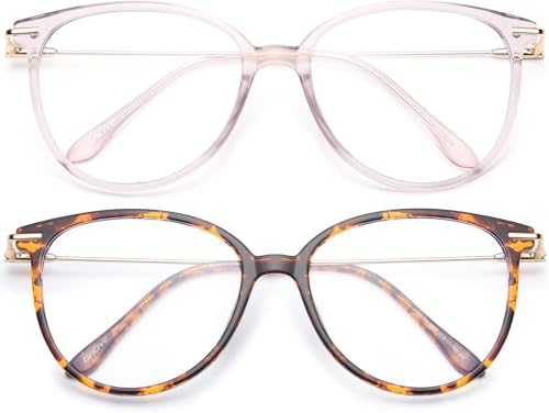 Image of Gaoye Round Blue Light Blocking Glasses - 2 Pack | UV400 Protection, Round TR90 Frames, Metal Arms, Matching Soft Case, Pink + Tea Leopard