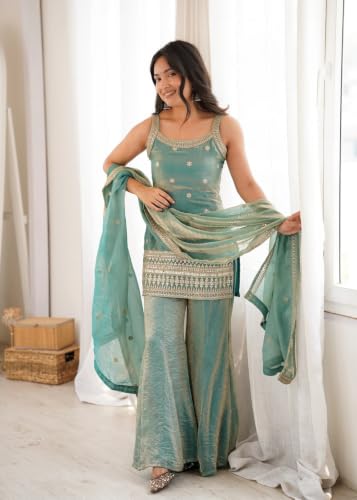 Image of TILKI Fancy Frendy Silk Kurta Set with Bell Bottom Pent and Embroidery Sequence Jari Work for Women Ready to Wear