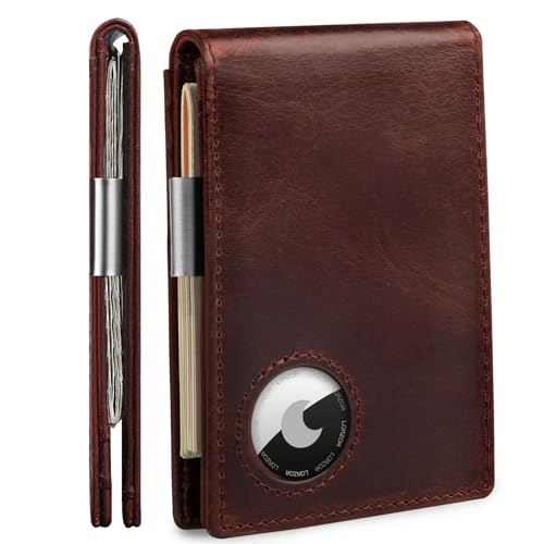LORZOR Mens Genuine Leather Wallet - AirTag Wallet for Men with Money Clip Slim Front Pocket RFID Blocking Card Holder, Minimalist Wallet Bifold with Present Box (Airtag Not Included)
