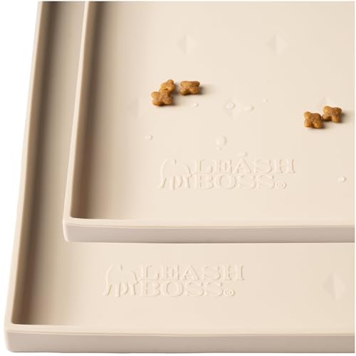 Leash Boss Dog Food Mat for Food and Water Bowls, Waterproof Silicone Pet Feeding Mat for Floors, Extra Tall Raised Edges, Cat and Dog Placemat for Floors, Dishwasher Safe (Small: 18x11 - Beige)