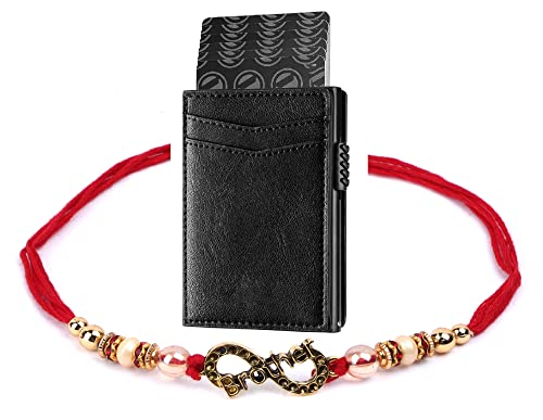 Image of VOGARD Unisex Card Holder Pop Up Cards Slim Leather Wallet RFID Protection Up to 11 Cards Card Case with Rakhi (Black)