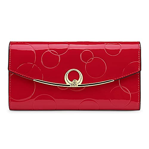 Wallet Women's Genuine Leather Long Three Fold Wallet Bright Leather Large Capacity Buckle, Circled Embossed Pattern, RFID and Magnetic Anti Theft (Red)