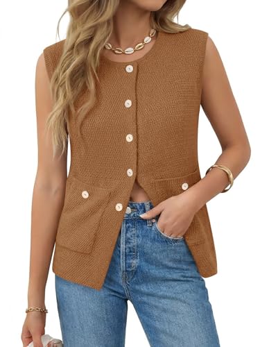 Image of Yousify Womens Sweater Vest Sleeveless Button Down Round Neck Knitted Tank Tops Casual Cardigan with Pockets