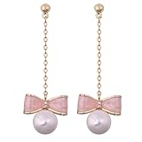 Sunyobao ピアス レディース リボン フェイクパール ロング チェーン 揺れる オシャレ 両耳用 可愛い S925 金属アレルギー対応