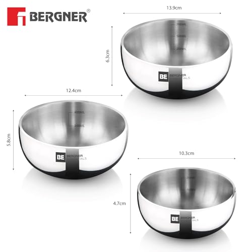 Image of BERGNER BE Essentials TriPly Stainless Steel 3 Pcs Mini Tasra Set - 10 cm (300ml), 12cm (500ml), 14cm (700ml), Junior Tasla Combo, Cook and Serve, Less Oil Use, Easy to Clean - Gas Stove Compatible