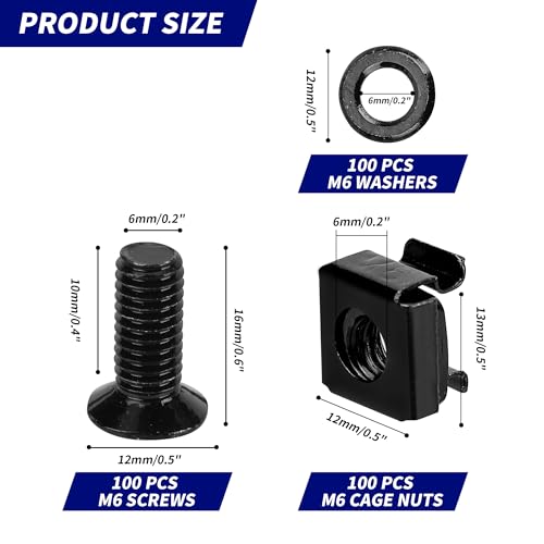 Aramanara 100 Pack M6 x 16 mm Rack Mount Cage Nuts, Screws and Washers, Server Rack Screws - Image 2