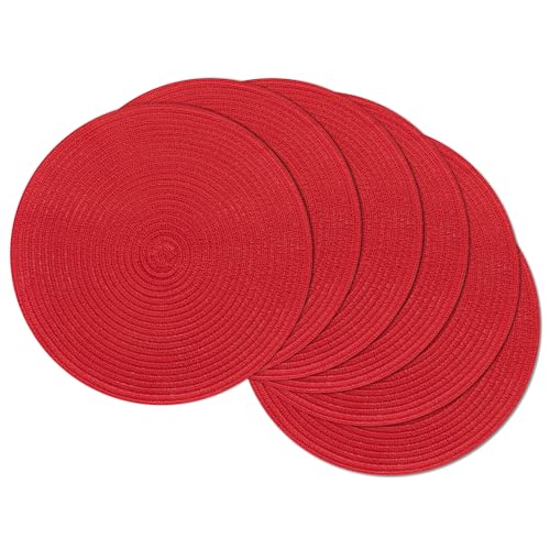 Image of SHACOS 15 inch Round Placemats Set of 6 Braided Non Slip Washable Place Mats for Dining Tables Kitchen Table Mats Home Wedding Party Decor (Red, 6)